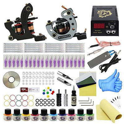 Wormhole Tattoo Complete Tattoo Kit for Beginners Tattoo Power Supply Kit 10 Tattoo Inks 20 Tattoo Needles 2 Pro Tattoo Machine Kit Tattoo Supplies TK1000040