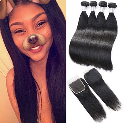 Brazilian Hair with Closure 3 Bundles Unprocessed Virgin Brazilian Straight Human Hair Bundles with Lace Closure Free Part Human Hair Extensions (10 10 12+8,Natural Color)