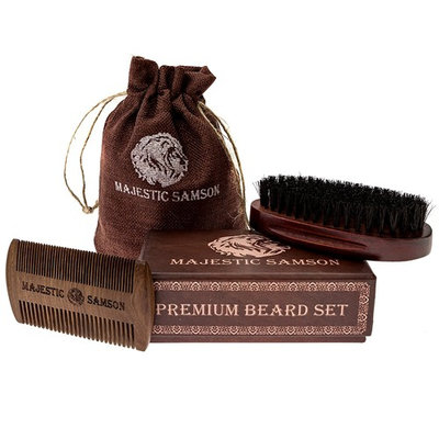 Majestic Samson Dual Action Wooden Beard Comb and Beard Brush Set, Hair Care Gift Set for Men with Cotton Bag, Perfect for use with Balms and Oils, Top Beard Kit for Home and Travel