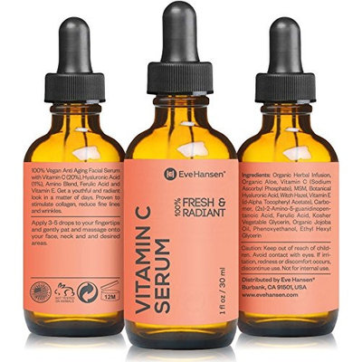 Natural Vitamin C Serum for Face - Hyaluronic Acid, Vitamin E Skin Brightening Serum, Dark Spot Remover and Anti Wrinkle Serum - Reduce Age Spots and Sun Damage - 1 oz Facial Serum by Eve Hansen