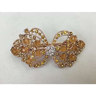 Gorgeous Vintage Jewelry Crystal Rhinestones Bow Design Hair Barrette Clips Hair Clips- Large Size - Amber Color -For Hair Beauty Tools