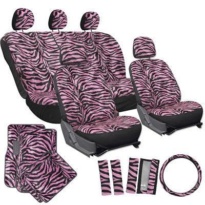 Istiloshoppe Car Accessories 21pc Pink Zebra Print Car Seat Covers Set w/Floor Mats Wheel Belt Pads Head Rest