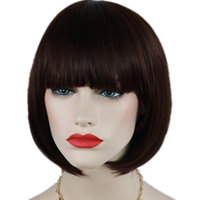 Brown Bob Wig and A Wig Cap, Short Straight Flat Bangs Cosplay Party Wigs Sexy Stylish Party Hair- wig003DB