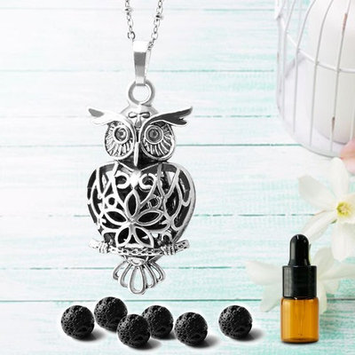 Maromalife Owl Diffuser Necklace, Essential Oil Pendant Locket Magnetic Closer, 6 Black Lava Stones, A Small Bottle Gift, 25.5” Adjustable chain-Silver