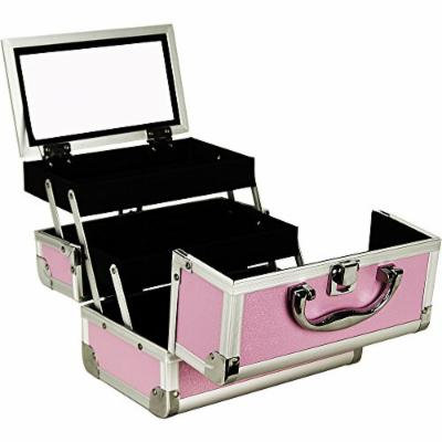 JustCase M1001 Cosmetic Makeup Train Case with Mirror and Easy Clean Extendable Trays in Pink Smooth