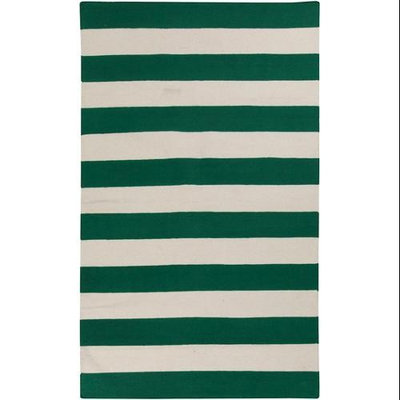 5' x 8' Accumbent Striped Green and Ivory Reversible Woven Wool Area Throw Rug