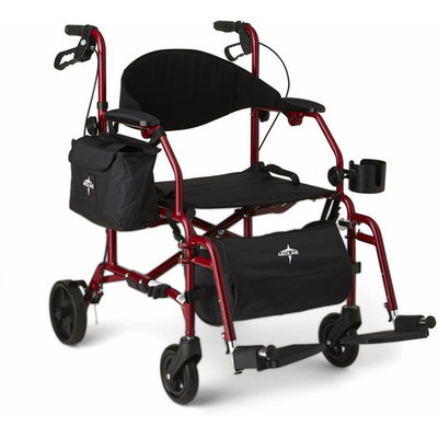 Medline Red Combination Rollator and Transport Chair, Desk-Length Arms, Swing Away Footrests, Red Frame
