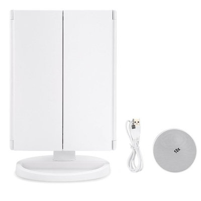 Estink Trifold 22 LED Makeup Mirror with 2x 3x Magnification Touch Screen and 180 Degree Rotation Stand for Bedroom Table Desk(White)