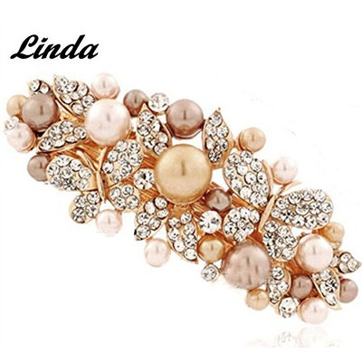 Big White Rhinestone Hair Barrette Korea Style Butterfly Shape Jeweled Barrettes ABS Pearl Barrette, Coffee