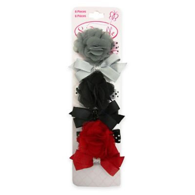 So'Dorable 6-Piece Grossgrain Flower Bow Hair Clips in Grey/Black/Red