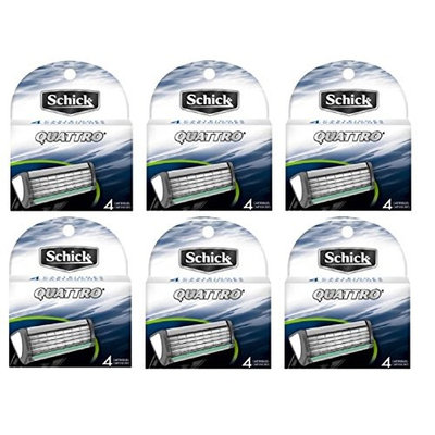 Schick Quattro Refill Razor Blade Cartridges, 4 Cartridges (Pack of 6) + FREE Travel Toothbrush, Color May Vary