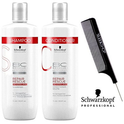 Schwarzkopf BC Bonacure REPAIR RESCUE SHAMPOO & CONDITIONER Duo SET for FINE TO NORMAL DAMAGED HAIR (with Sleek Steel Pin Tail Comb) (8.5 oz/6.8 oz - DUO KIT)