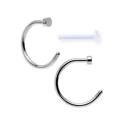 BodyJewelryOnline Pack of 2 Surgical Steel Nose Hoop Rings (18 Gauge) and a Nose Acrylic Retainer (18 Gauge) (3/8 (10mm))
