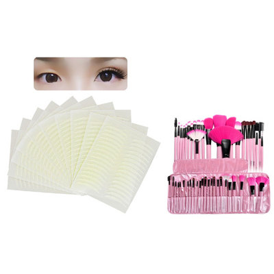 Zodaca PINK Pro 24Pcs Makeup Brush Set with Pouch Case for Cosmetic Powder Eyeshadow Foundation Blending Eyeliner Makeup Brushes Set + 160 Pairs Breathable Double Eyelid Sticker Tape Narrow (24 COUNT)