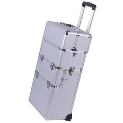 38-in 2in1 Professional Rolling Train Aluminum Cosmetic Makeup Case Silver w/ Key Lock Storage Trays Wheels Handle Strap Velvet Int Beauty Travel Detachable Tote Box by LeeMas Inc