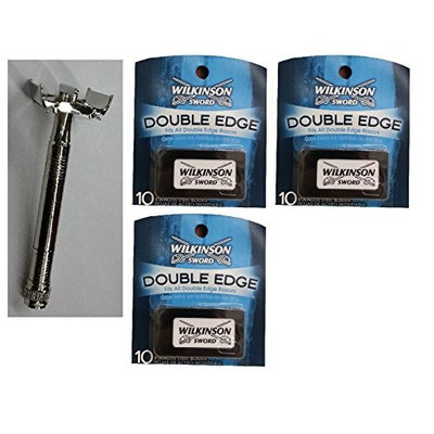 Double Edge Safety Razor + Wilkinson Sword Double Edge Razor Blades, 10 ct. (Pack of 3) + FREE Scunci Black Roller Pins, 18 Pcs