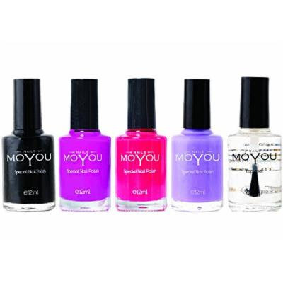 MoYou Nails Bundle of 5 Stamping Nail Polish: Black, Razzle Dazzle Rose Red Torch, Top Coat and Lilac Colours Used to Create Beautiful Nail Art Designs Sourced Directly from the Manufacturer