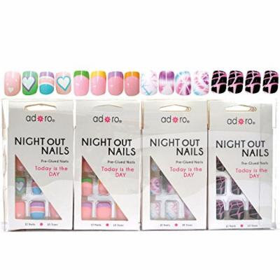 Adoro Night Out Nails 4 designs Pre-Glued Nail Tips Set of 12 in Style #10,1 Dozen Pack