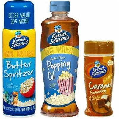Kernel Season's Popcorn Topping Bundle of Movie Theater Butter Spritzer Spray, Movie Theater Popping & Topping Oil, and Caramel Popcorn Seasoning (Bundle Pack of 3)