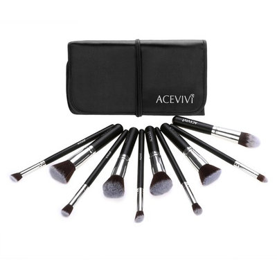 Acevivi Professional 10pcs Soft Cosmetic Tool Makeup Brush Kit Cosmetics Foundation Brush with Pouch