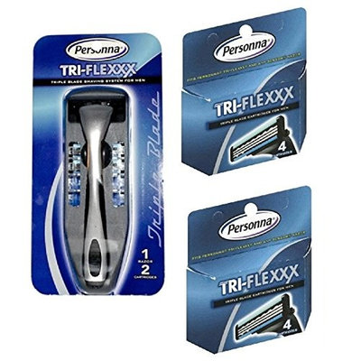 Men's Personna Tri-Flexxx Razor Blade Handle w/ 2 cartridges + Personna Tri-flexxx Triple Blade Refill Cartridges for Men 4 ct. (Pack of 2) + FREE Assorted Purse Kit/Cosmetic Bag Bonus Gift