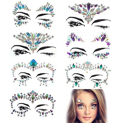 Kapmore 7 Sheets Face Jewelry Removable Sticker Rhinestone Tattoo for Show