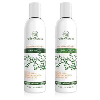 Wild Naturals Sulfate Free Shampoo : Conditioner Set, With Manuka Honey + Aloe Vera, For Hair Loss, Thinning Hair and Itchy Dry Scalp. Anti Dandruff, Moisturizing, 98% Natural, 80% Organic Plant-Based