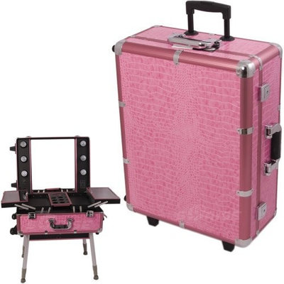 Black PRO STUDIO Aluminum Professional Makeup Artist Rolling Wheeled Organizer Trolley Cosmetic Train Case Table w/Lights
