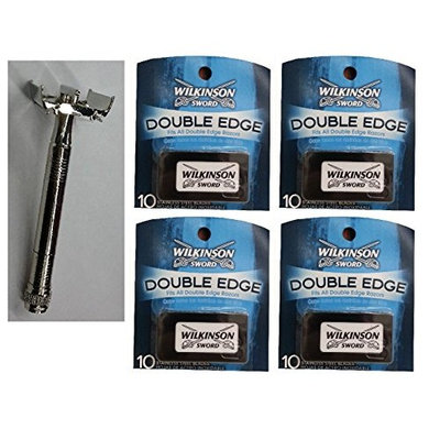 Double Edge Safety Razor + Wilkinson Sword Double Edge Razor Blades, 10 ct. (Pack of 4) + FREE Schick Slim Twin ST for Dry Skin