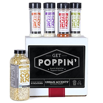 Urban Accents GET POPPIN', Snack Attack for Popcorn Lovers Gift Set (Set of 5) - Popcorn Gift Set With Popcorn Kernels and 4 Gourmet Popcorn Seasonings. Perfect for Any Occasion.
