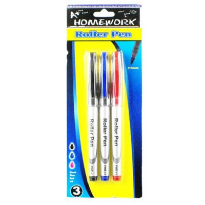 A+homework Roller Pens - 3 Pack - Black, Blue, Red Inks