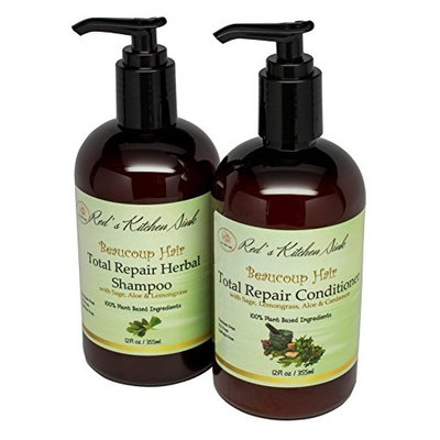 Beaucoup Hair All Natural Total Repair Herbal Shampoo & Conditioner 2 In 1 Set - Paraben & SLS Free - Moisturizes, Thickens Hair, Stop Shedding - Gentle On Thin, Colored, Keratin-Treated Hair