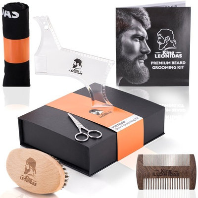 PREMIUM 5-Piece Beard Care Grooming Kit | Complete SET - Beard Brush, Sandalwood Comb, Trimming Scissors, Beard Bib & Shaping Tool | Great for Natural Growth, Shaping & Styling | Perfect GIFT for men