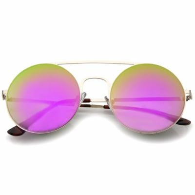sunglassLA - Modern Slim Double Nose Bridge Colored Mirror Flat Lens Round Sunglasses - 53mm