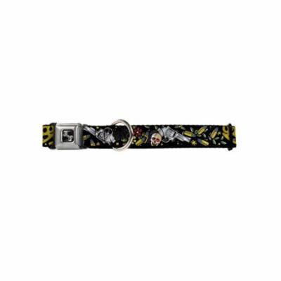 Skull Brass Knuckles Bullets Flowers Collage on Black Animal Seatbelt Pet Collar