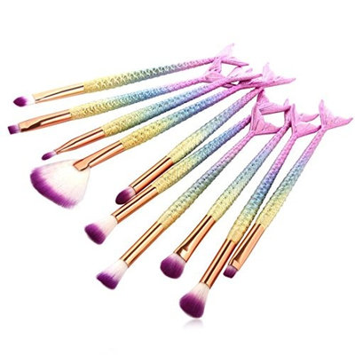 LtrottedJ Women New Arrival 10Pc Mermaid Foundation Eyeshadow Contour Eye Lip Makeup Brushes Set