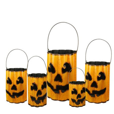 Gerson Set of 5 Distressed Metal Nesting Jack 'O Lantern Containers