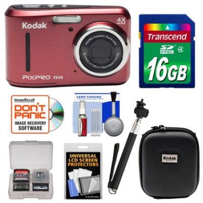 Kodak Ltd Kodak PixPro Friendly Zoom FZ43 Digital Camera (Red) with 16GB Card + Case + Selfie Stick + Kit