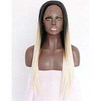Women's Ombre Blonde Lace Front Wig Long Straight Synthetic Wigs 3 Tones Dark Roots Glueless Wig For Women Heat Resistant Fiber Hair Half Hand Tied 24 inches