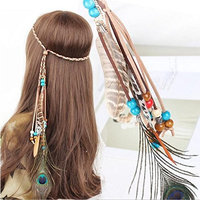 A&c Indiana Princess Peacock Feather Head Chain for Girl, Fashion Headband for Women. (Blue)