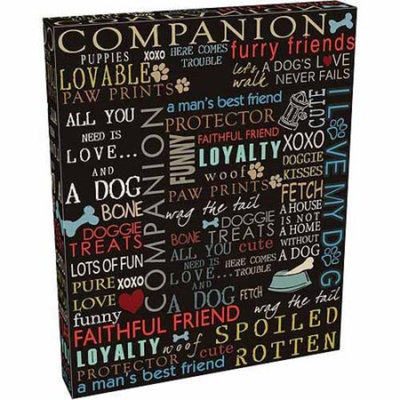 Dog Words Paw Print Bone Fire Hydrant Inspirational Pet Collage Typography Large Blue & Brown Canvas Art by Pied Piper Creative