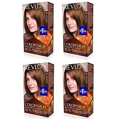 Revlon ColorSilk Hair Color 54 Light Golden Brown 1 Each (Pack of 4) + FREE Assorted Purse Kit/Cosmetic Bag Bonus Gift