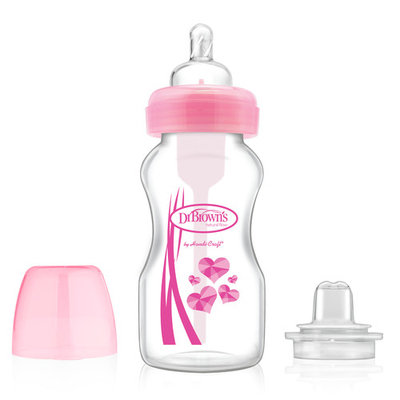 Dr. Brown's Wide-Neck Options 2-in-1 Transition Kit Baby Bottle, - 9oz,Pink