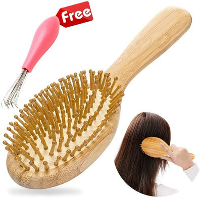 Hair Brush Wood, FIOLOM Anti Static Scalp Massage Bamboo Detangling Brush Straightening Smoothing Detangler Hairbrush No More Tangle Wooden Brush with Cleaning Brush for Women, Men, Kids to Style, Dry