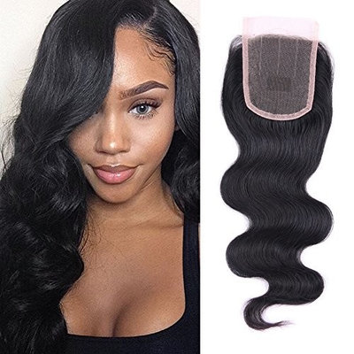 WIGNEE Swiss Lace Closure Hand Tied Virgin Remi Human Hair Body Wave 4x4 Three Part Natural Black(8