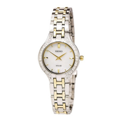 Seiko SUP335 Women's Core Solar White MOP Dial Two Tone Bracelet Power Reserve Diamond Watch