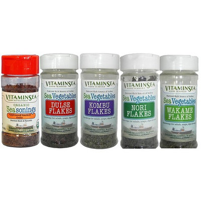 Organic Maine Seaweed Dulse Kombu - Wakame Nori and Triple flakes 5/1 oz Shakers USDA Certified and Kosher Hand Harvested Atlantic Ocean Coast Vegan Raw Wild Sea Vegetables VitaminSea (5pk shakers)