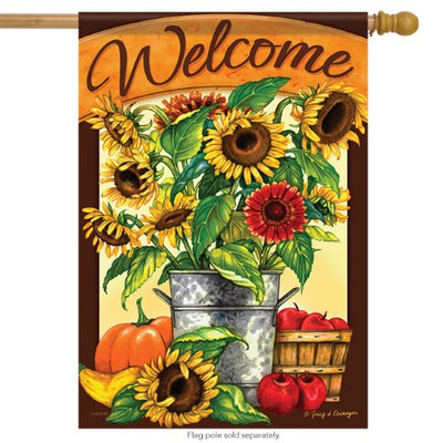 Flagtrends Sunflower Bucket Welcome Fall House Flag Autumn Pumpkin Apples 2 Sided 28' x 40'