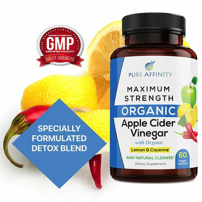 Maximum Strength All Organic Apple Cider Vinegar Capsules with Lemon and Cayenne Ultimate Detox Cleanse 600mg ACV per Pill- 60 Count Bottle