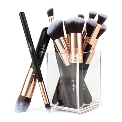 Zodaca 10 Pcs Black/Rose Gold Pro Set Cosmetic Brushes Tool (+ Acrylic Pen Holder)
